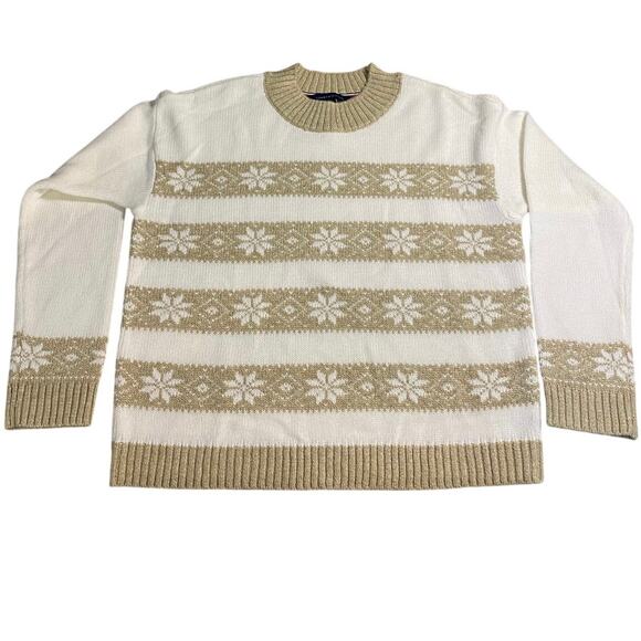 Tommy Hilfiger Fair Isle Sweater M Cream Gold Metallic Knit Holiday Pullover - Picture 1 of 6